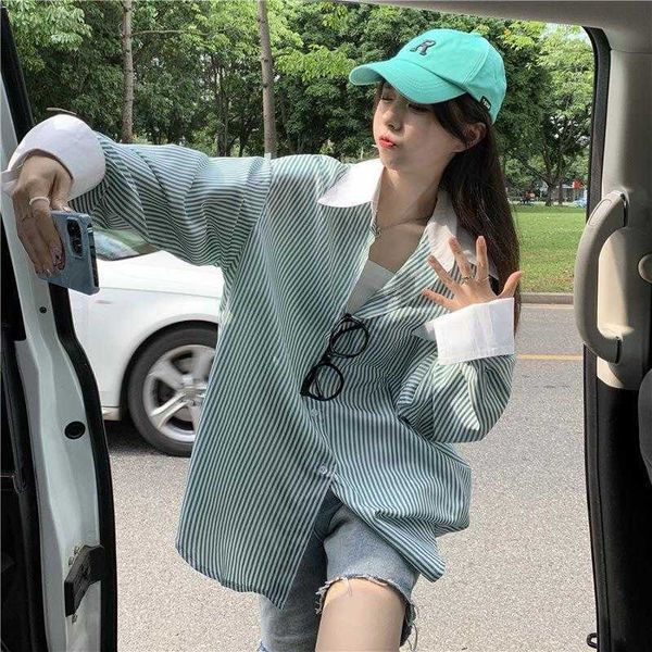 

korean style salt contrast color striped shirt spring and summer idle casual, White