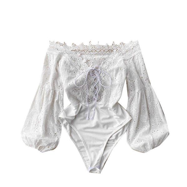 

nxy design hollow women rompers puff sleeve slash neck slim jumpsuits autumn korean off shoulder short bodysuit new 230328, Black;white