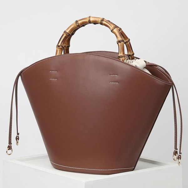 

evening bags genuine leather large bucket bag women retro women bamboo handle basket handbag brown ladies shoulder messenger bag 230414