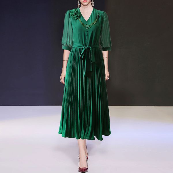

fanncy dress v-neck slimming and pleated large hem green dress, Black;gray