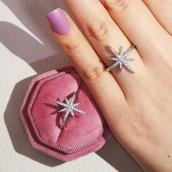 

charm star ring 925 sterling silver engagement wedding band rings for women bridal promise party jewelry gift, Slivery;golden