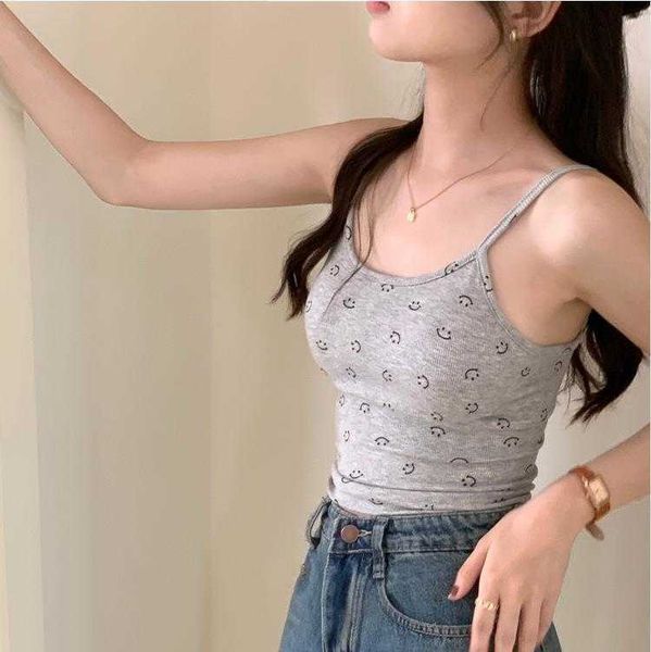 

girl smiley face printed backless camisole summer outerwear slim fit, White