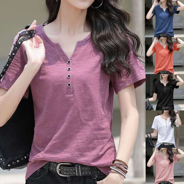 

women's t-shirt summer shirts v-neck t shirt women short sleeve casual loose tshirts solid color t-shirt plus size cotton tee shirt 230, White