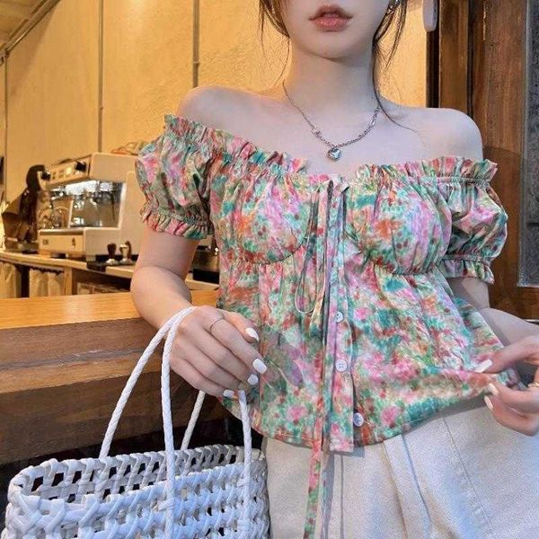 

off shoulder lace shirts up oil painting floral short sleeve shirt summer puff, White