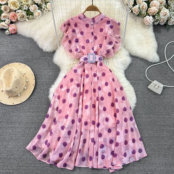 

luxury and light luxury dress with elegant standing neck and ruffle sleeves slim a-line large swing polka dot dress elegant long dress, Black;gray