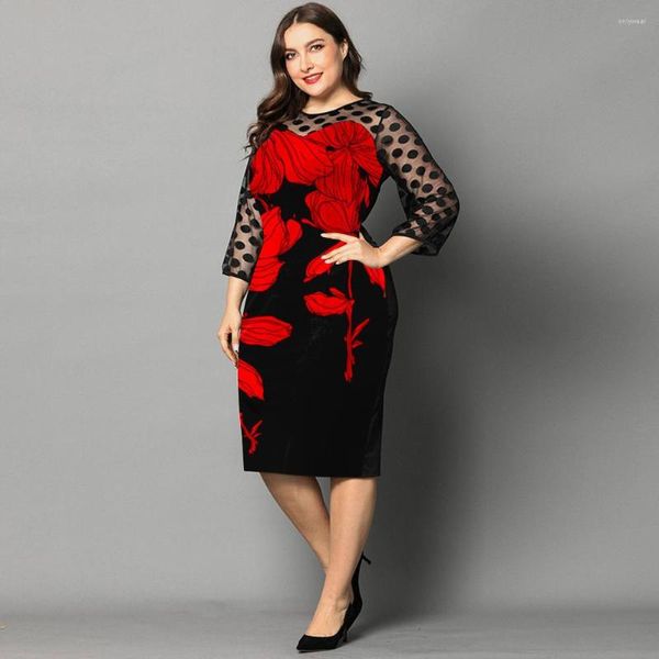 

Plus Size Dresses Spring And Summer Fashionable Lace Patchwork Printed Dress Slim Round Neck Temperament Commuter, Purple