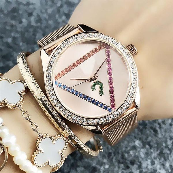 

brand quartz wrist watch for women girl with colorful crystal triangle style dial metal steel band watches gs16273n, Slivery;brown
