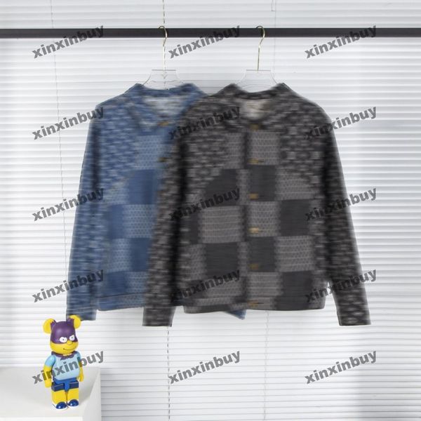 

xinxinbuy men designer coat denim jacket plaid panelled pockets denim 1854 long sleeve women blue black khaki red gray m-2xl, Black;brown