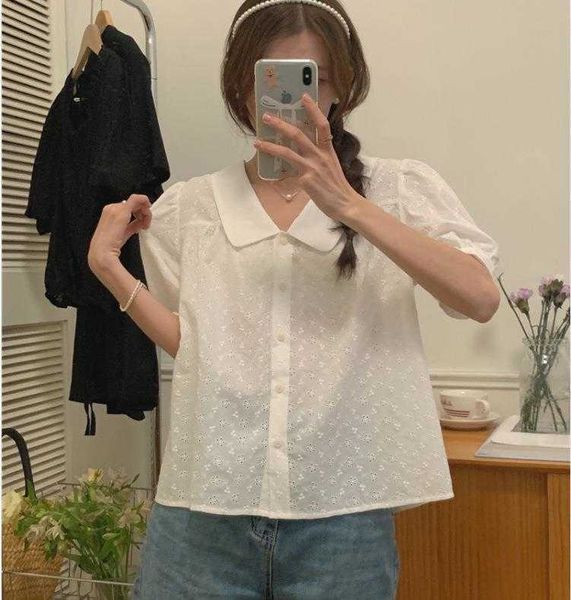 

korean style mori womens blouses crochet embroidery peter pan collar short, White