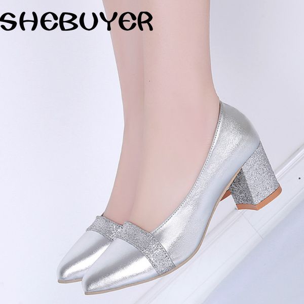 

dress shoes spring summer fashion women med heels woman slip on pointed toe pumps ladies gold silver bling size 35 41 230414, Black