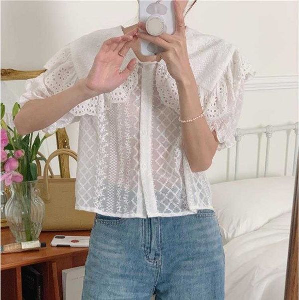 

korean style machine embroidery blouses crocheted ruffled large lapel short, White