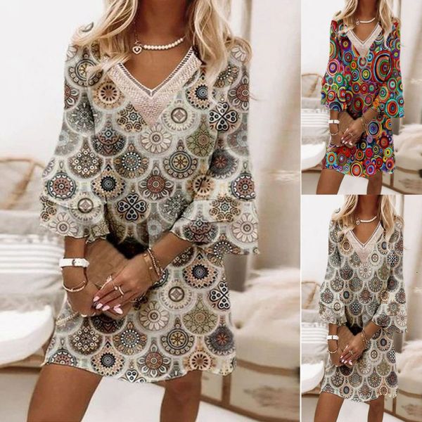 

casual dresses summer womens lace vneck mini fashion flare half sleeve loose elegant print aline s5xl 230414, Black;gray