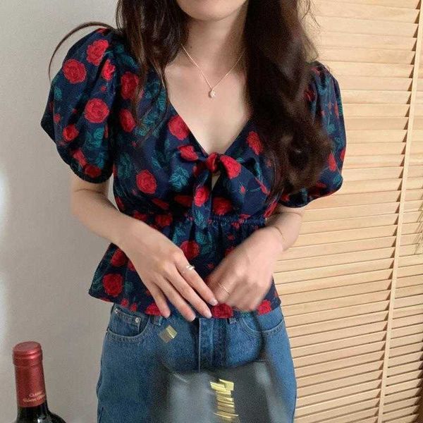 

summer retro rose womens blouses v neck lace up design waist trimming short, White