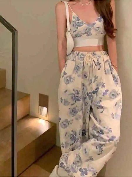 

women's tracksuits y2k floral two piece pant set women korean casual high street summer suits elegant mini long wide leg pants 230413, Gray