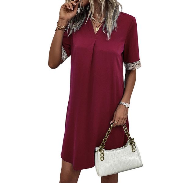 

v-neck half sleeves straight women's casual dresses ruched bust high waist mini short length lace panelled cuff matted clothes spring s, Black;gray