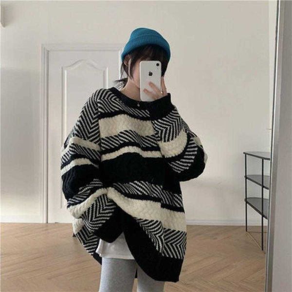 

black and white striped oversized sweater womens autumn winter lazy loose large, White;black