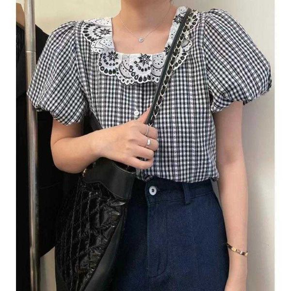 

womens korean style embroidered lace shirts collar design short sleeved shirt, White