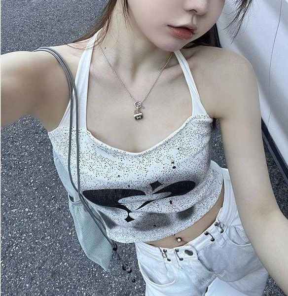 

design girl printed halter spaghetti tanks straps womens ins summer slim, White