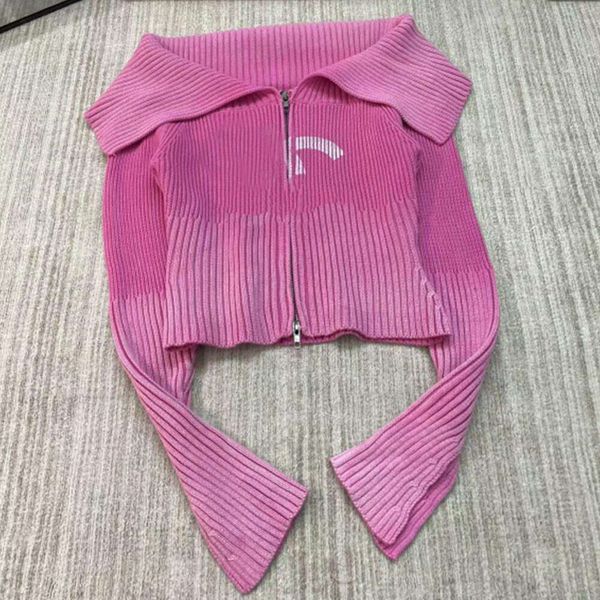 

Woman Clothing Autumn New Sweet Spicy Style Off Shoulder Polo Collar Gradient Print Zipper Knitted Cardigan Sweater Short Coat, Black