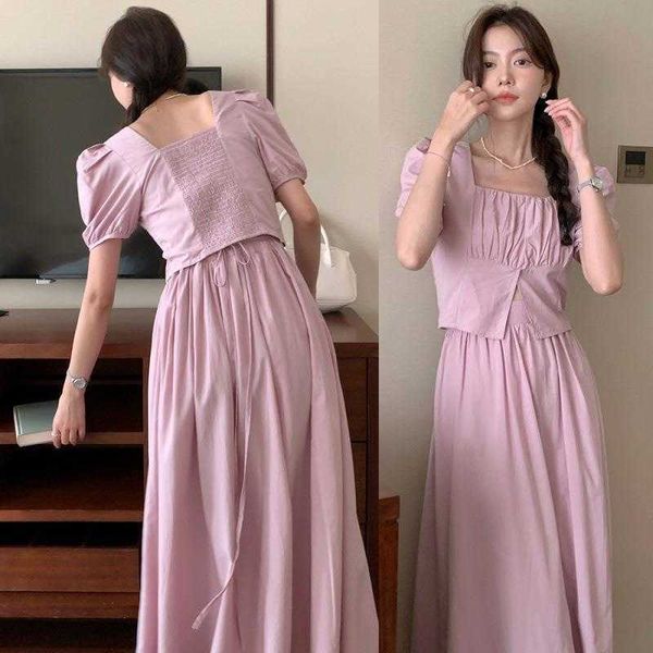 

french pleated square collar dresses slit design puff sleeve elastic waist a, White