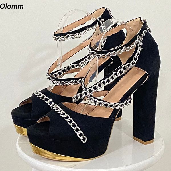 

olomm handmade women platform sandals faux suede chain chunky heels round toe elegant black night club shoes size 35 47 52