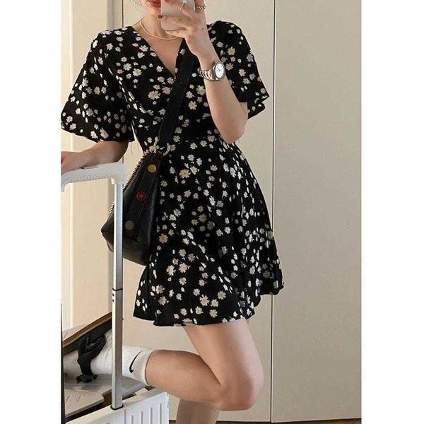 

korean chic casual dresses summer french sweet little daisy flower tied v neck, Black;gray