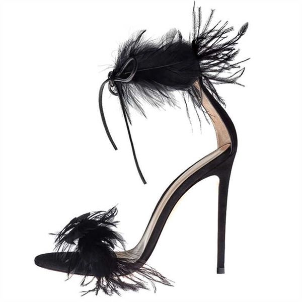

sandals feather women's summer open toe high heeled stilettos fashion runway lace up women slingback wedding party shoes 230406, Black