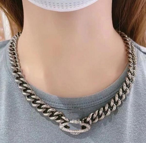 

european and american letter necklace with diamonds, trendy brand thick chain, hip-hop, cool style, and stacked collarbone chain for women, Silver