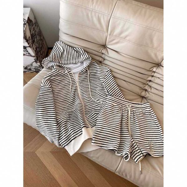 

womens knits & tees designer contrasting striped hoodie with elastic drawstring shorts set zippered hood and matching in the same color sche, White