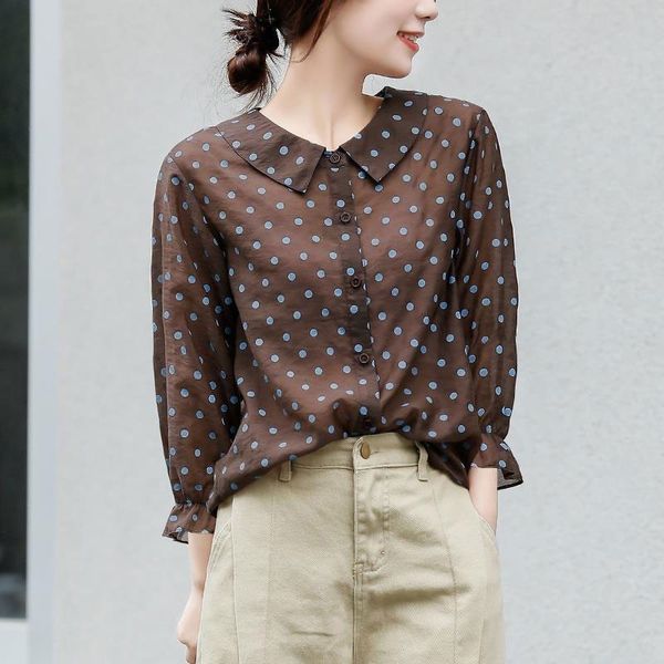 

women's blouses shirts spring autumn korea fashion women 3/4 sleeve polka dot print loose shirts sweet cute peter pan collar blouses v, White