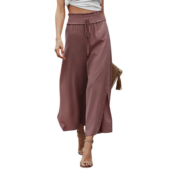 

drawstring elastic high waist casual women's pants ruched solid ankle-length straight wide legs high side splits loose commuter trouser, Black;white