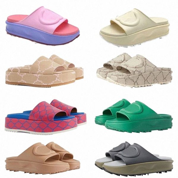 

2023 platform designer slippers women thick bottom sandals lady fashion embroidered printed canvas wedge rainbows sandal middle heel rubber, Black