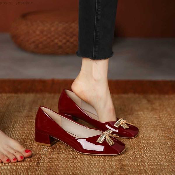 

fashion high heels women medium thick heel bow wine red wedding shoes pumps for women shoes work shoes 2023 new zapatos de mujer 0414, Black