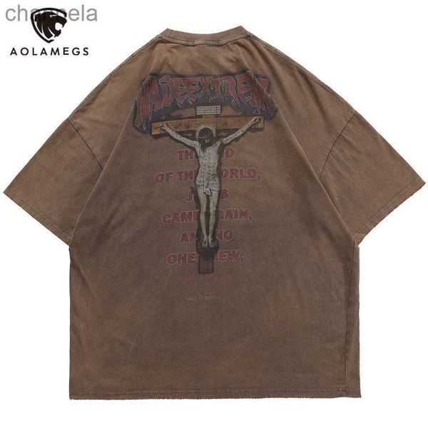 

men's t-shirts aolamegs tee shirts ancient culture letter print distressed t shirt men loose retro high street hip hop streetwear summe, White;black