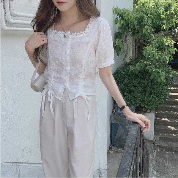

summer korean style jacquard shirts embroidered lace stitching drawstring, White