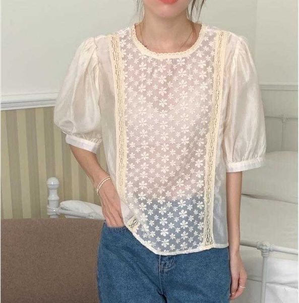 

korean style lace stitching womens blouses micro transparent puff sleeve, White