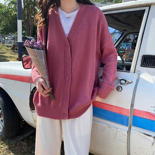 

solid color v neck knitted sweaters cardigan coat womens fall mid length korean, White;black