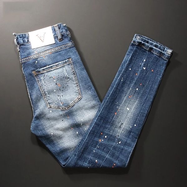

men's jeans fashion streetwear men jeans retro light blue elastic slim ripped jeans men painted designer hip hop denim pencil pants hom