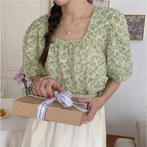 

womens korean style blouses square collar floral ruffle short sleeved shirt, White
