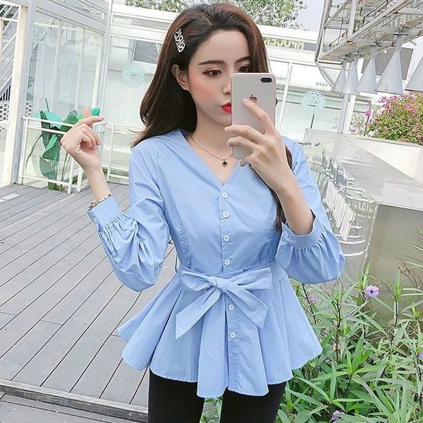 

women's blouses shirts spring autumn women fashion solid v-neck ruffled blouses office ladies elegant button sashes bow tie up slim shi, White