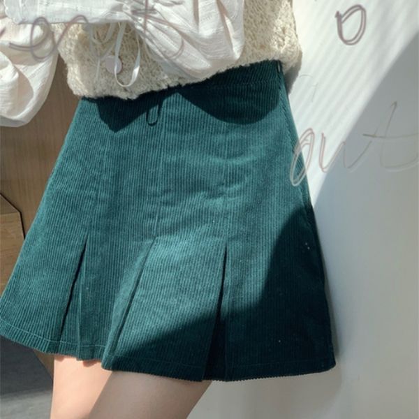 

skirts houzhou casual pleated skirt corduroy high waist preppy style mini skirt women streetwear autumn winter solid korean fashion 230414, Black