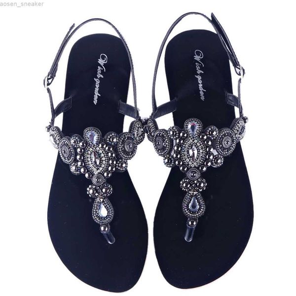 

new summer women beach heel sandals lady retro string bead shoes mujer boho t-strap flops diamond parent-child slipper plus size 0414, Black