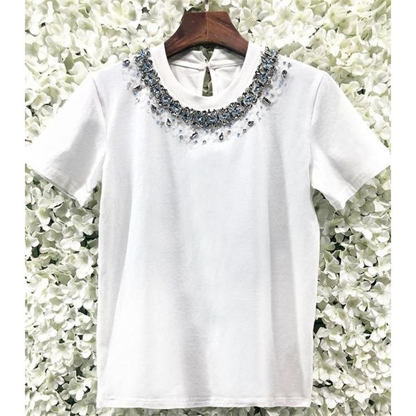 

women's t-shirt beading o-neck loose short-sleeved cotton white t-shirt summer women brand clothes 230414