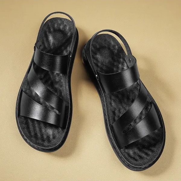 

sandals men summer pu leather dualuse wear method flat bottom comfortable antislip beach commercial affairs slippers 230328, Black