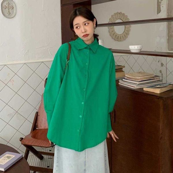 

fall loose bf shirt casual mid length single breasted solid color lapel long, White