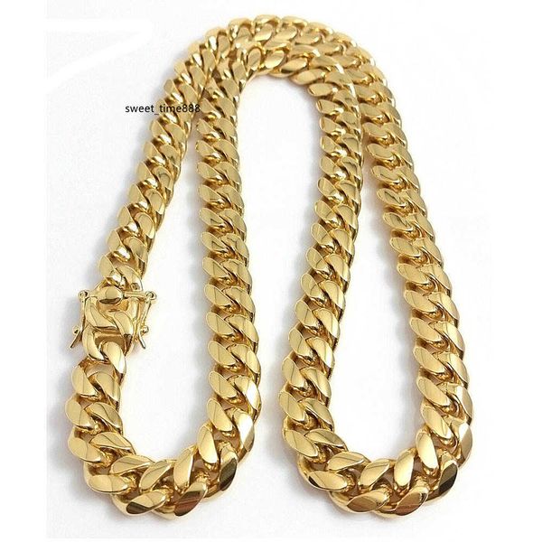 

stainless steel jewelry 18k gold plated high polished miami cuban link necklace men punk 15mm curb chain double safety clasp 18inch-30inch, Silver