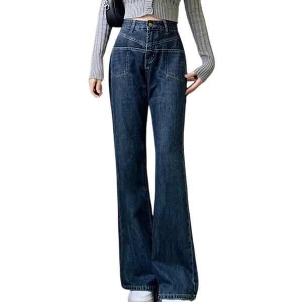 

new straight leg jeans for women with high waisted and slim fit, versatile and versatile cropped pants, smoke pipe pants, Blue