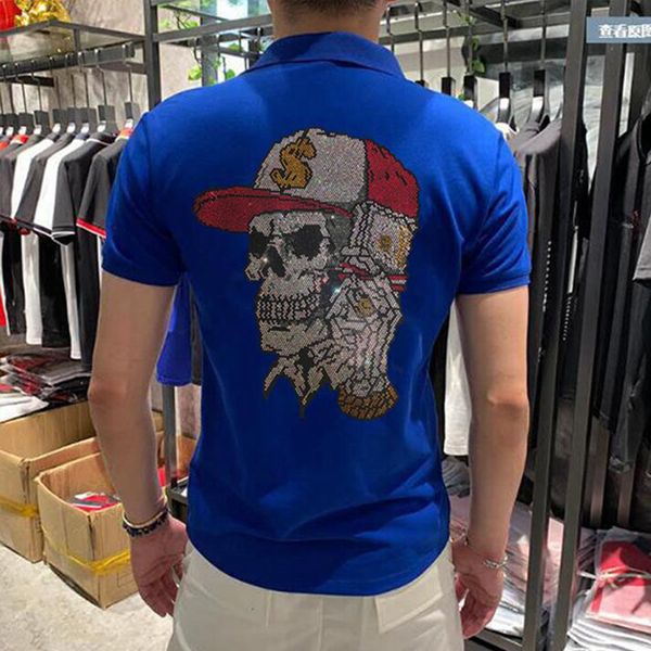 

men's polos skull street style short sleeved lapel t-shirt cotton rhinestone luxurious design blue tees summer fashion wear clothing s-, White;black