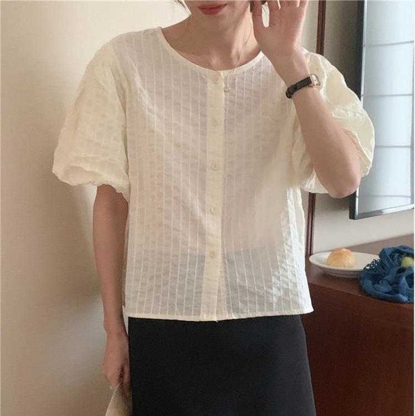 

korean style gentle cream womens blouses beige vertical pattern round neck, White