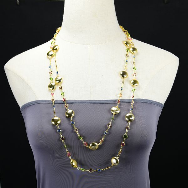 

beaded necklaces 64'' mix color crystal cubic zirconia micro pave chain brushed coin bead long necklace gold plated jewelry gifts, Silver